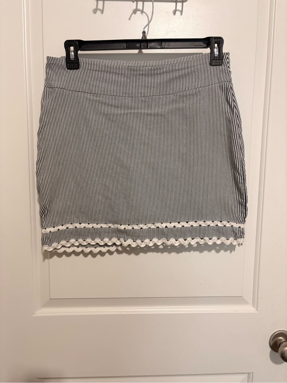 crown & ivy Black and White Pinstripe Mini Skirt with White Rickrack Trim